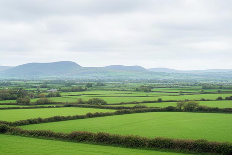Rural Northern Ireland landscape near Limavady, with green fields and low hills under a bright overcast sky