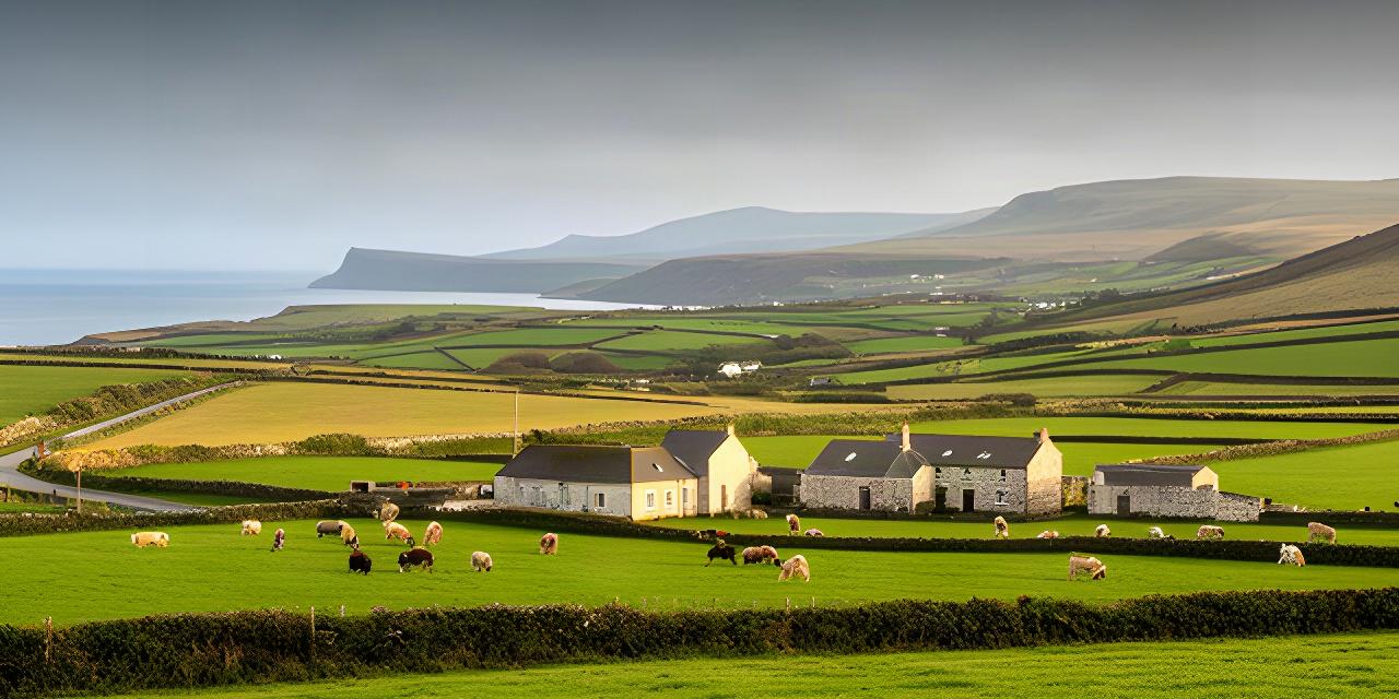 Green fields, stone farm buildings and grazing livestock in the Causeway Coast and Glens countryside