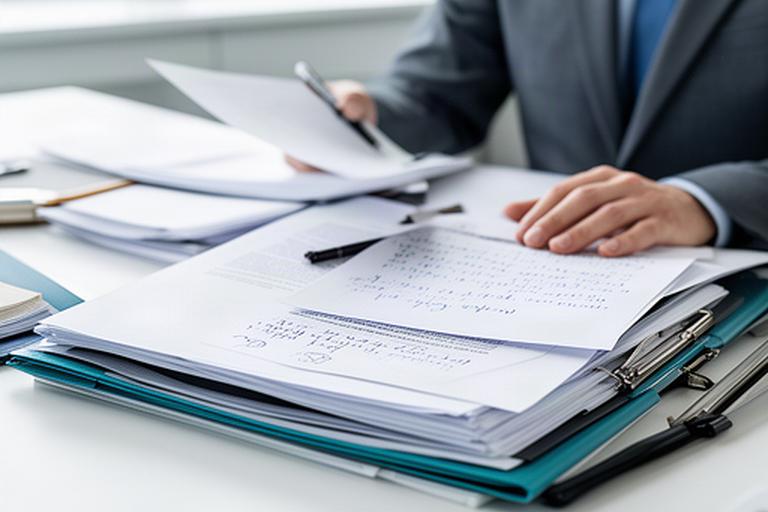 Compliance adviser reviewing a neatly organised policy file and handwritten notes at a bright office desk