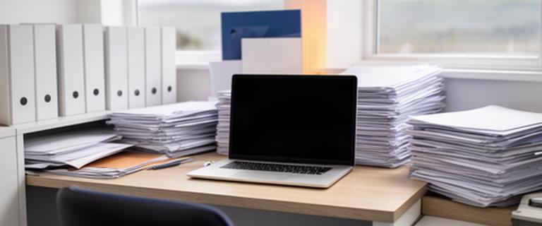 A small professional office in Limavady with a desk, organised paper files and a laptop