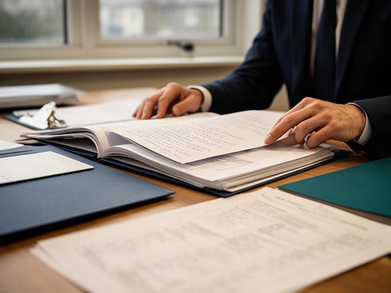 Consultant reviewing a labelled commercial dispute file and handwritten chronology at a Limavady office desk